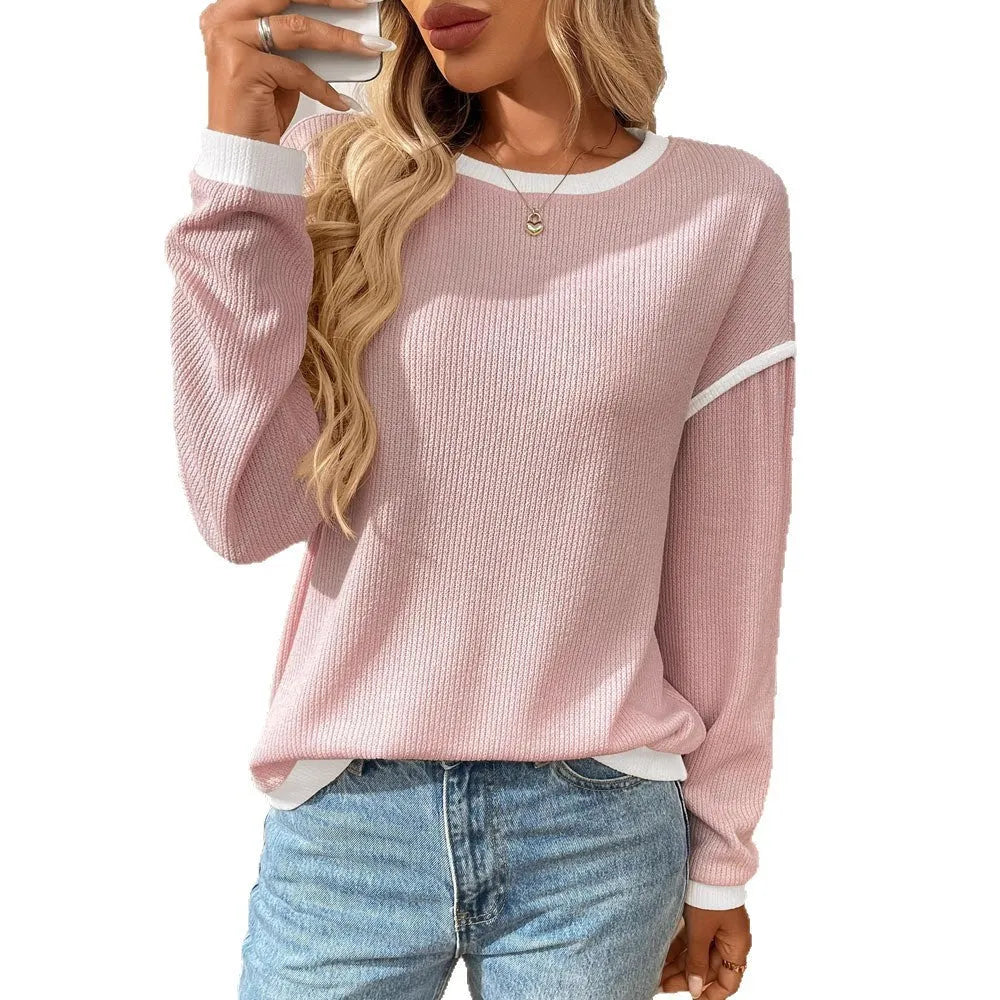 Women's loose fit round neck long sleeve pullover top in polyester knit fabric shown in multiple colour options.