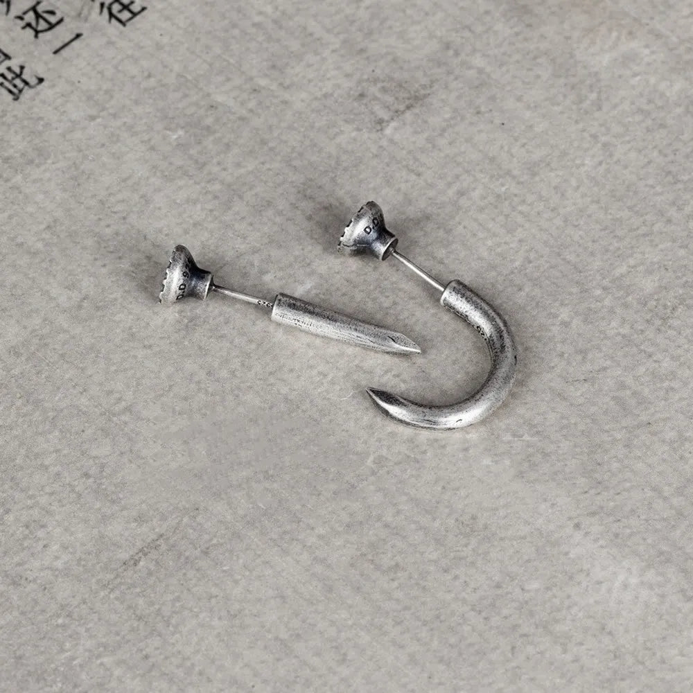 S925 sterling silver nail-shaped stud earrings in straight and curved punk designs