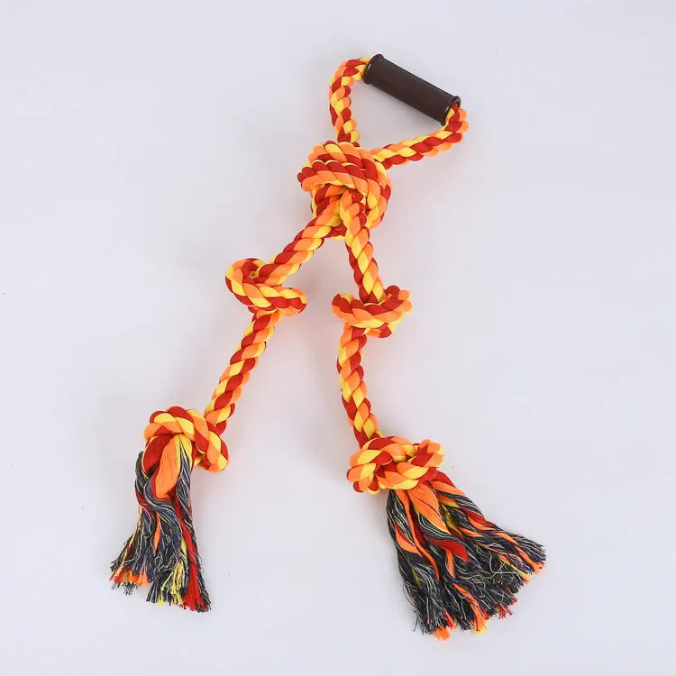 Blue and yellow woven cotton rope dog toy with a non-slip handle for tug-of-war games.