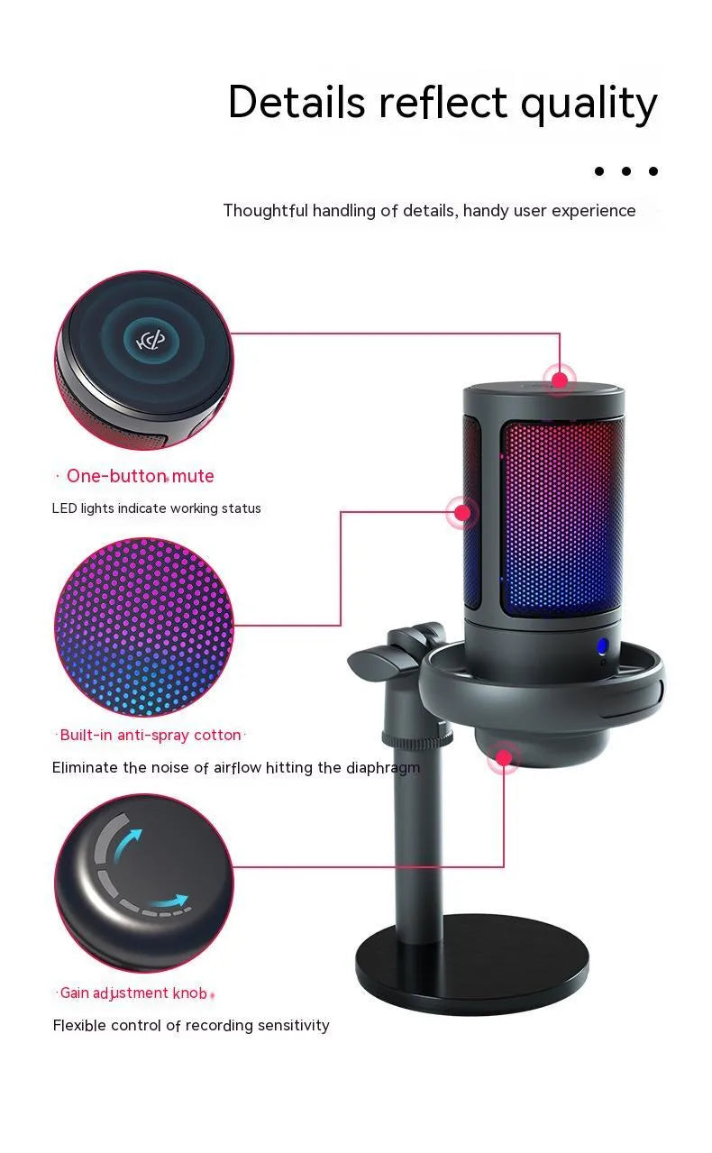 RGB condenser USB microphone with 150cm cable in black, white, or pink for live streaming