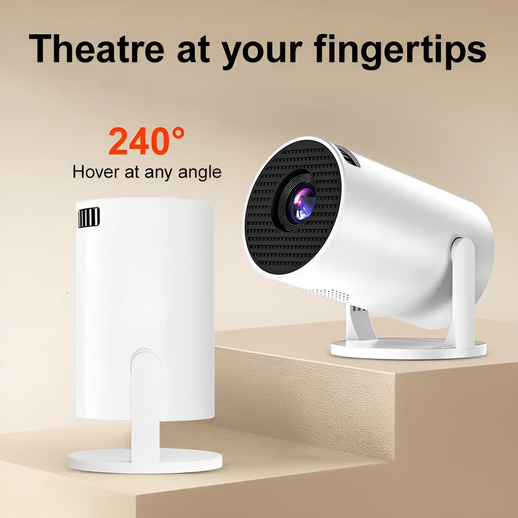 White mini wireless projector showing 1080p HD resolution for home cinema use.