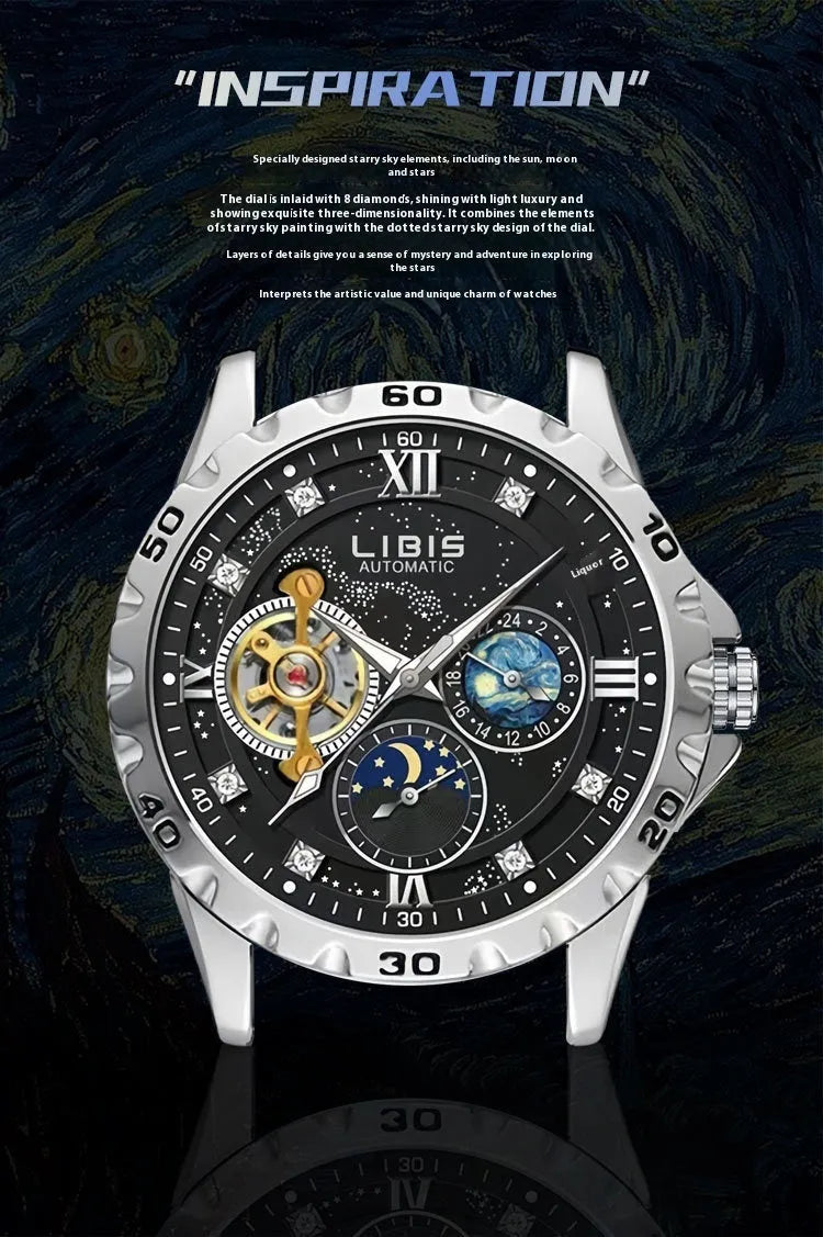Men's silver case automatic mechanical watch with black starry dial and genuine leather strap