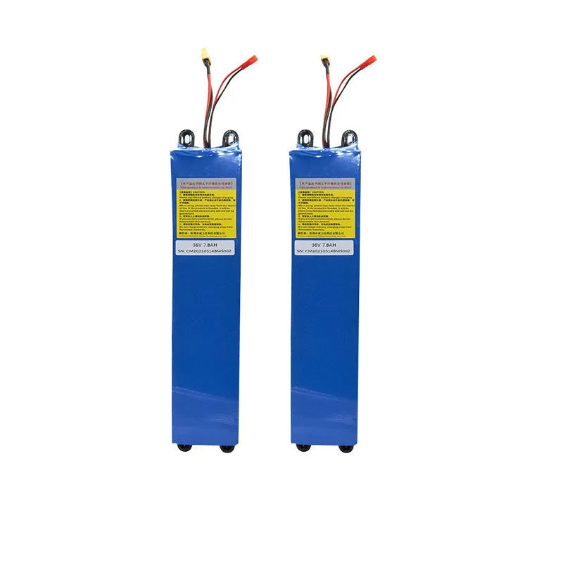 A 36V lithium-ion battery pack for electric scooters, showing options for 6.6Ah, 7.8Ah, and 10.4Ah capacities.