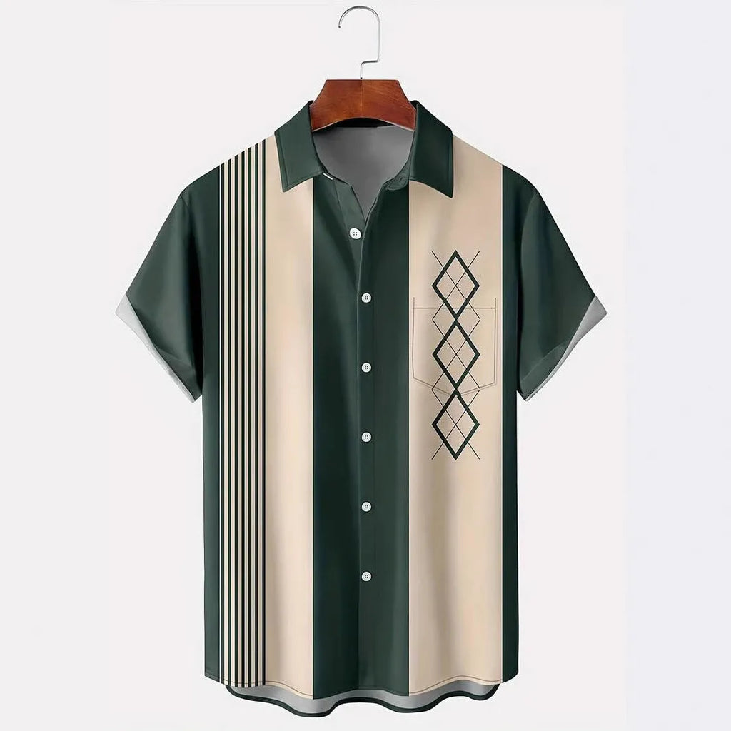 Men's plaid short-sleeved cardigan shirt in a contrast colour, loose fit, on a hanger.