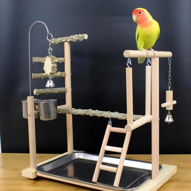 Natural pepper wood parrot toy stand pole with mounting points for bird accessories.