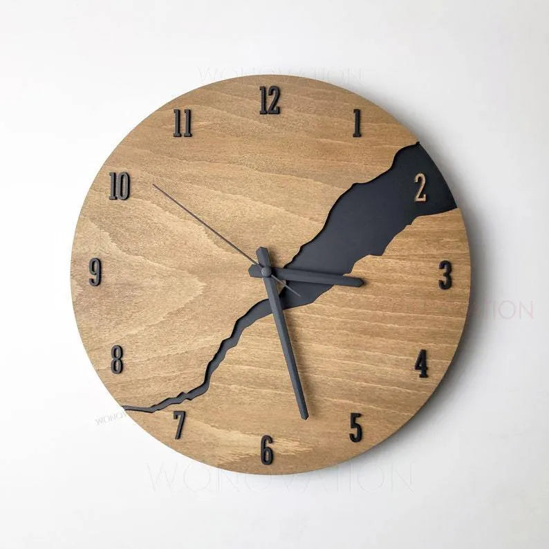 Modern wooden wall clock with a crackle texture finish shown in one of five available colour options.
