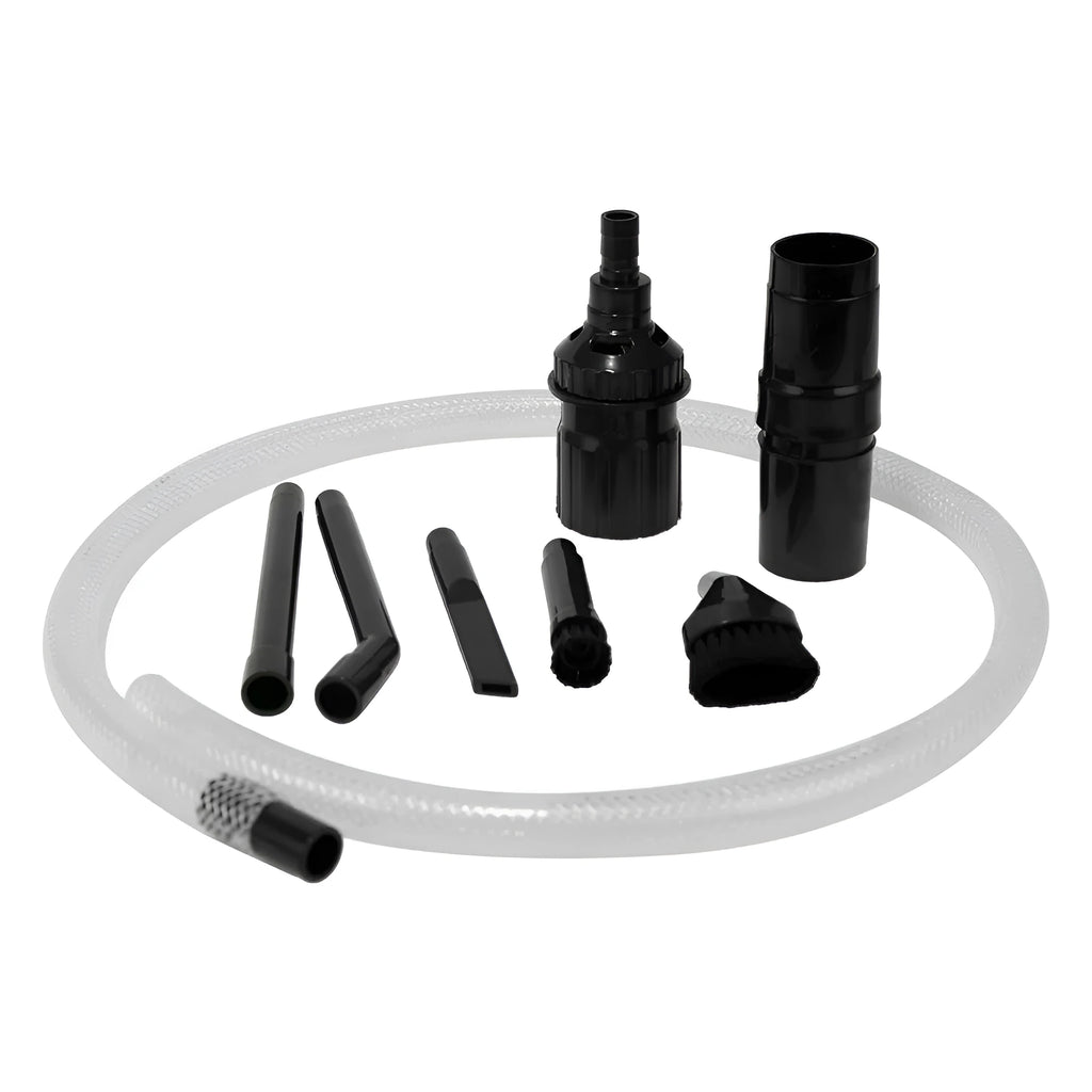 Eight-piece vacuum cleaner nozzle set with crevice tool, brushes, and storage bag for home and car cleaning.
