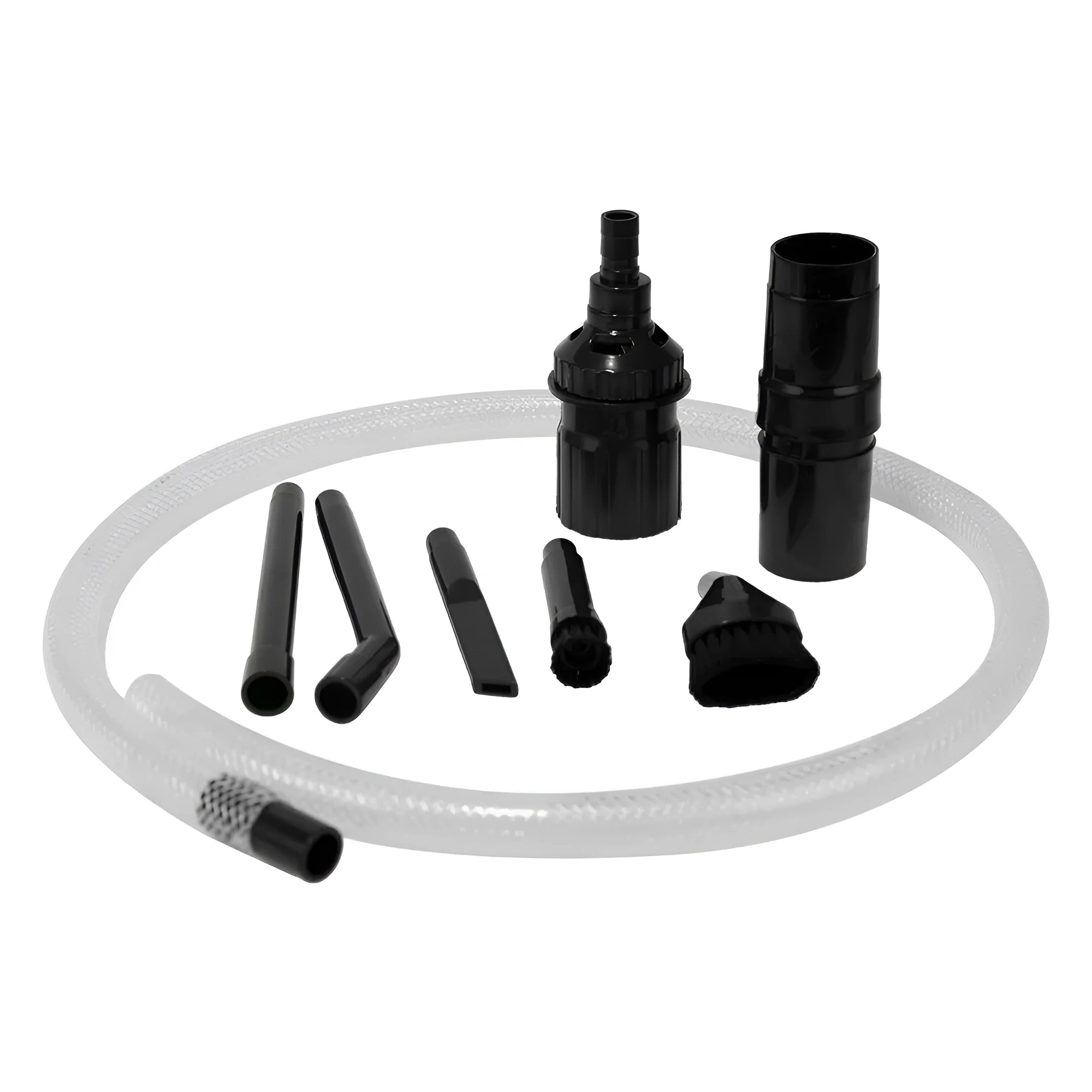Eight-piece vacuum cleaner nozzle set with crevice tool, brushes, and storage bag for home and car cleaning.
