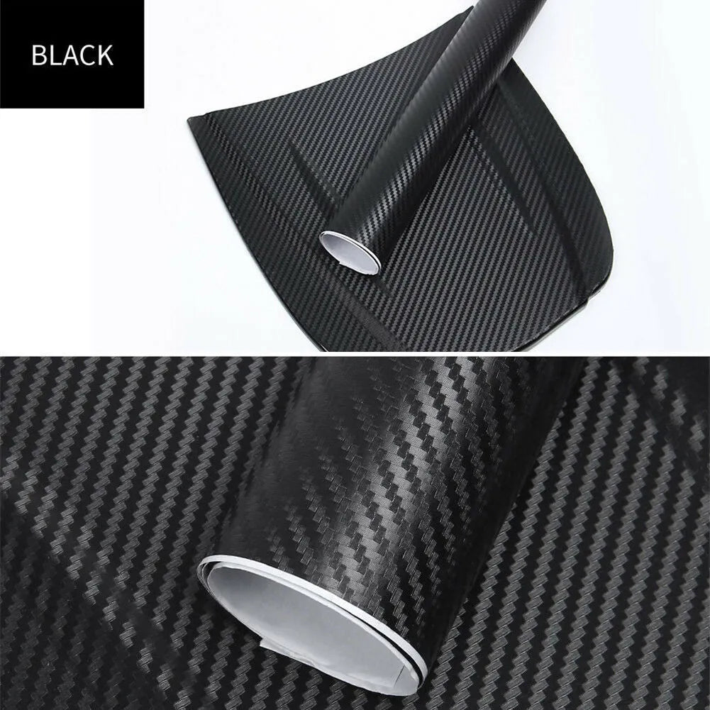 3D carbon fibre car stickers in eight colours including black, silver, blue on 30x127cm sheet