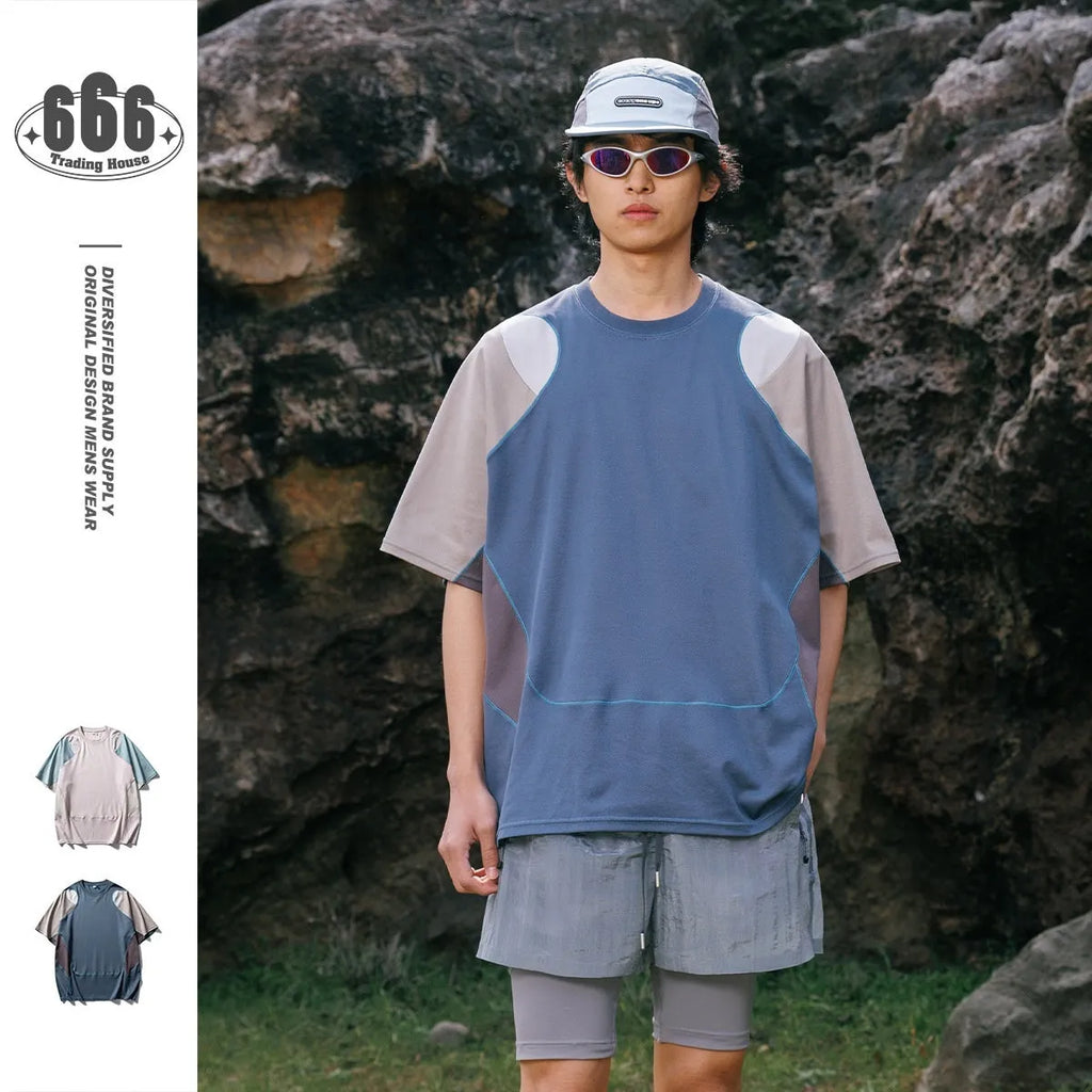 Men's loose fit patchwork t-shirt in a cotton blend fabric, shown in Galaxy Blue colour