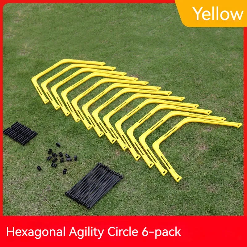 Set of six foldable yellow, green, and orange hexagon plastic agility training rings for football drills.