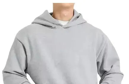 A grey men's fleece-lined cotton hoodie sweatshirt with a hood and long sleeves.