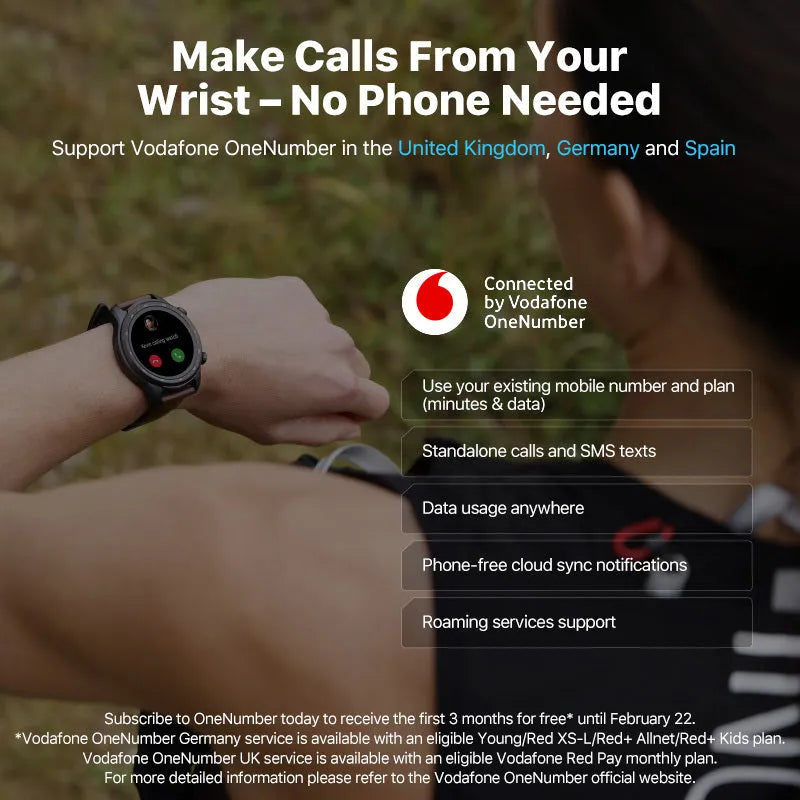 Ticwatch Pro X smartwatch with round display on a wrist, showing 4G connectivity and dual-screen interface.