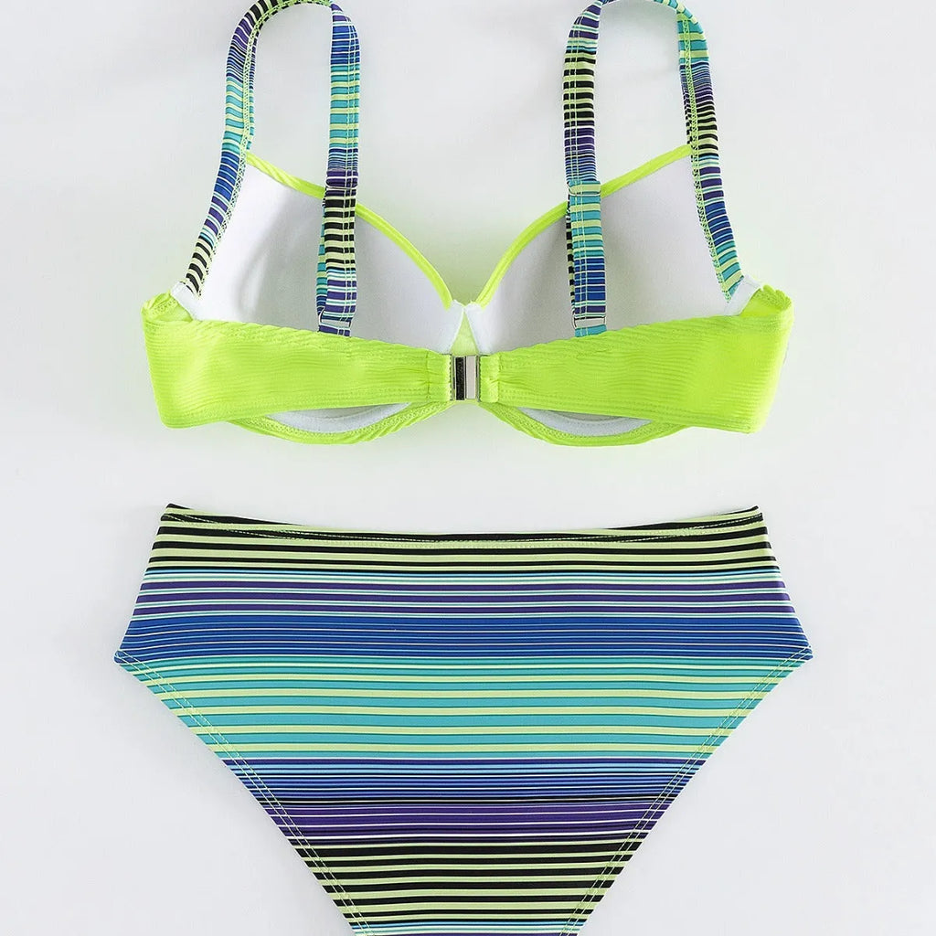 Green printed halter bikini set with split briefs for women in polyester fabric
