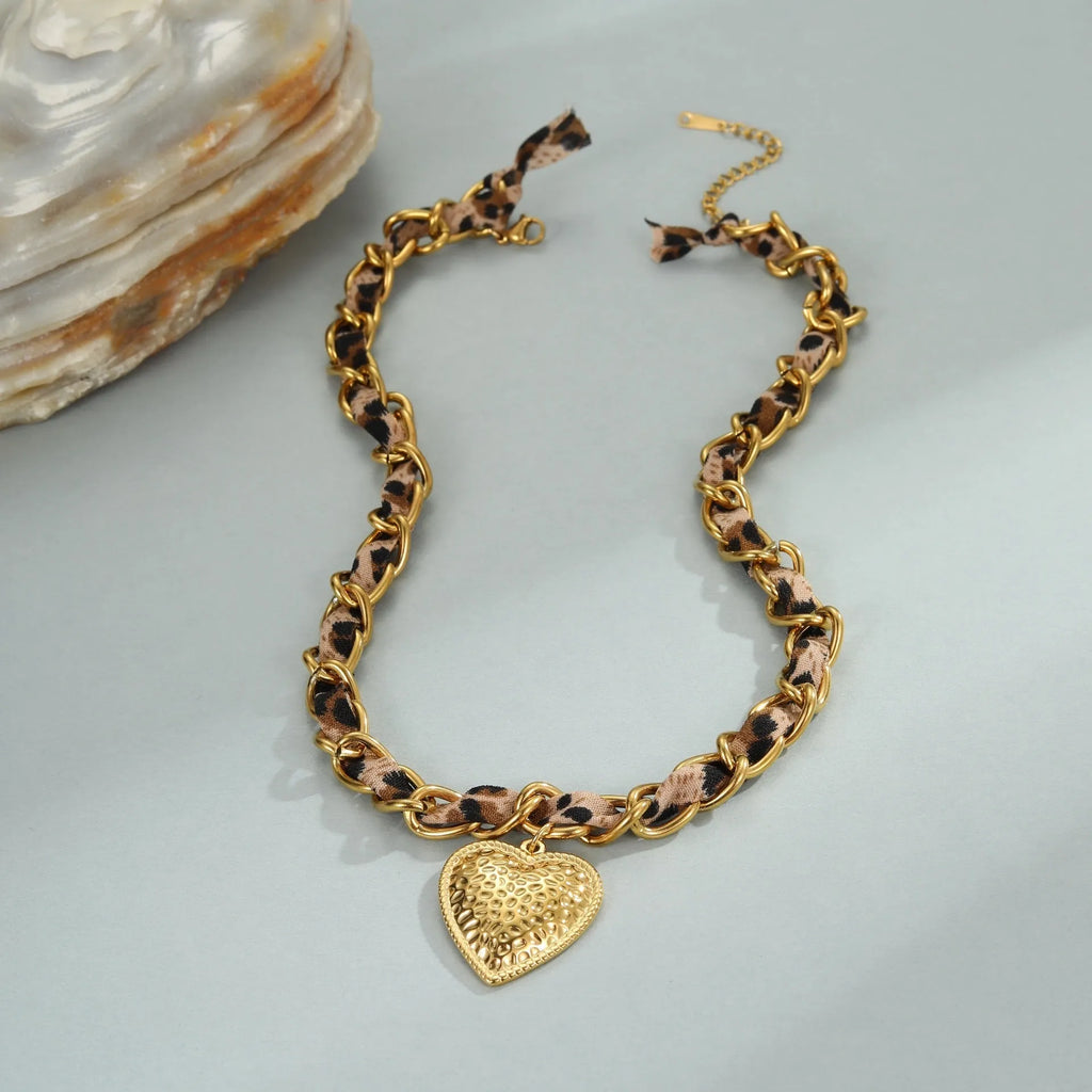 Stainless steel leopard love pendant necklace with 18K gold electroplating on adjustable 41-50cm chain
