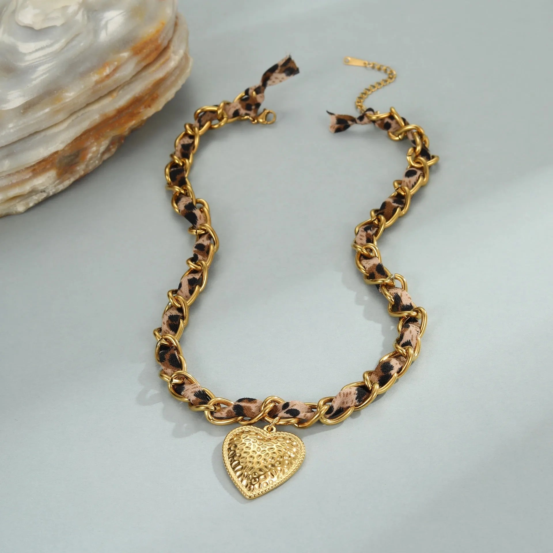 Stainless steel leopard love pendant necklace with 18K gold electroplating on adjustable 41-50cm chain