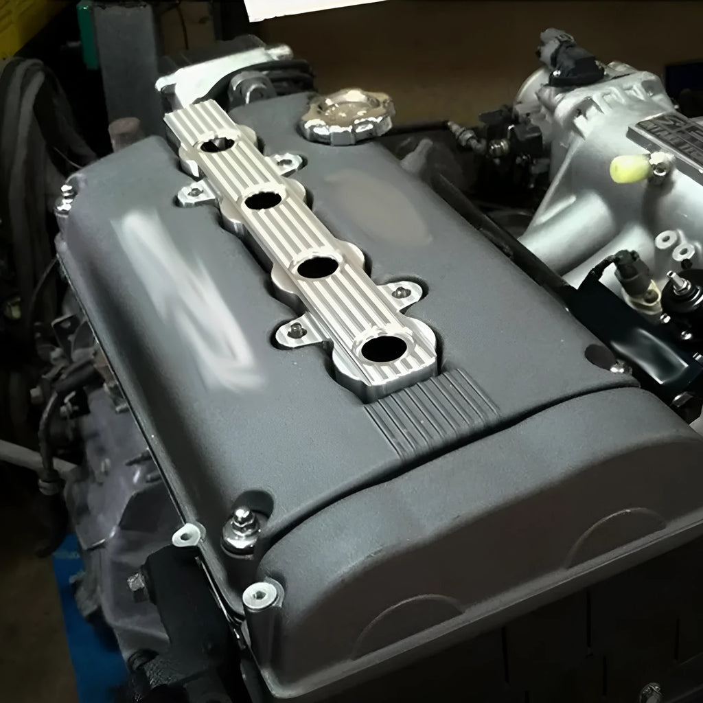 Aluminium engine harness cover in blue, red, or silver, shown with and without mounting holes.