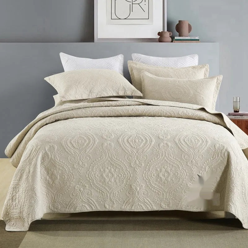 Pure cotton bed cover three-piece set in solid colours with embroidery detail for standard double beds