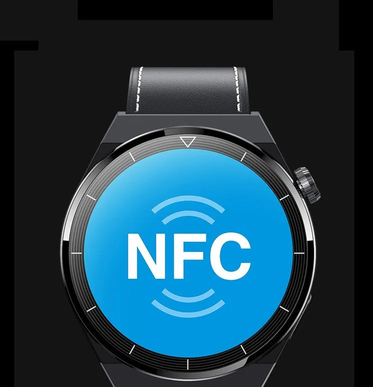 Round dial smart watch with black silicone band on wrist, displaying time and NFC/Bluetooth icons.