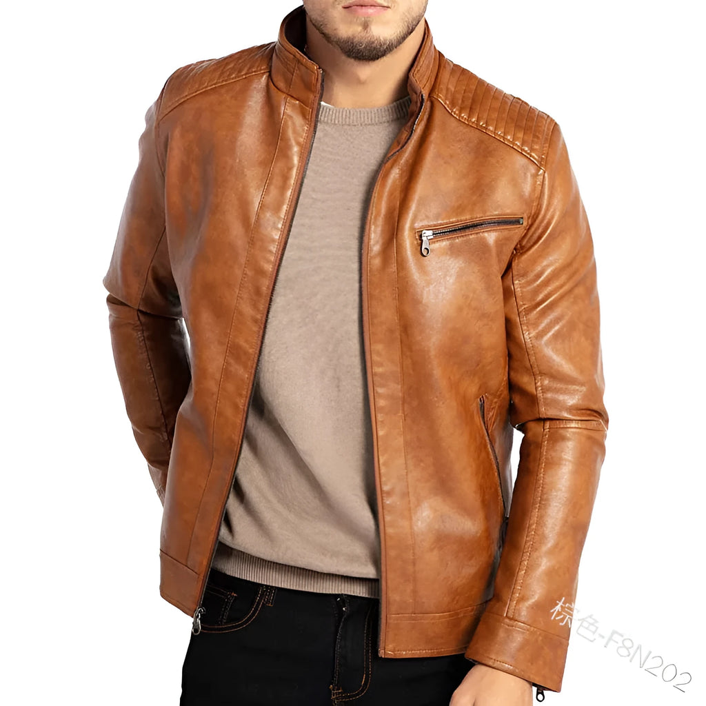 Men's brown artificial leather punk style motorcycle jacket with stand collar and patch pocket