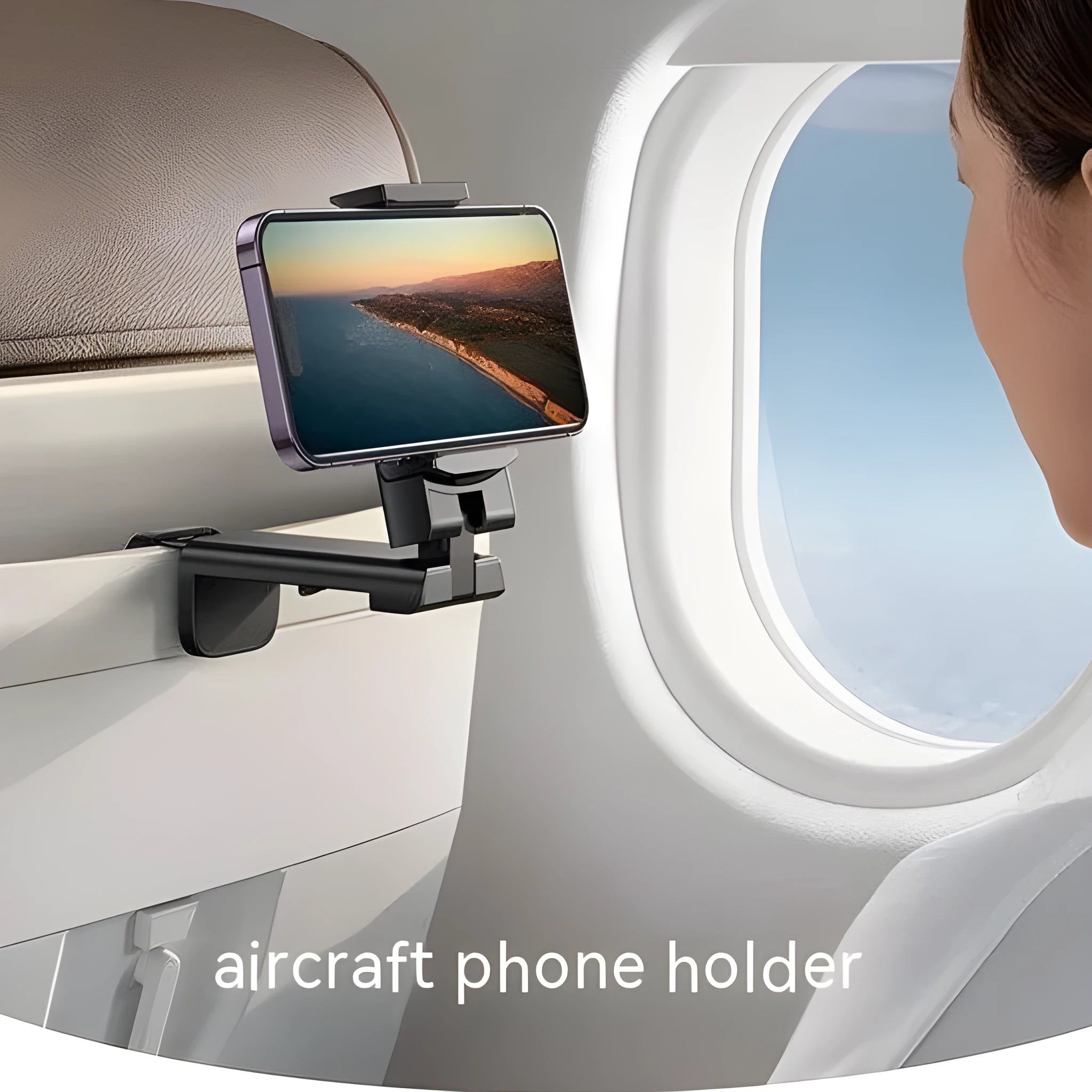 Foldable rotating phone holder in black showing multiple positioning angles for mobile phones