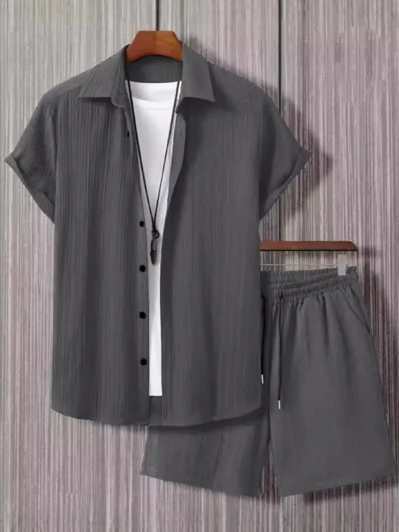 Men's jacquard short sleeve suit two-piece set in black colour with shirt-style jacket and matching shorts