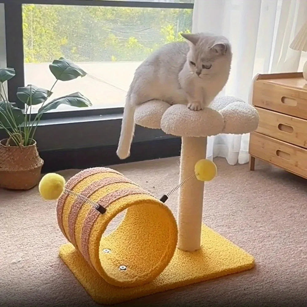 Yellow cat climbing frame with sisal scratching board and tunnel, dimensions 46x36x25cm