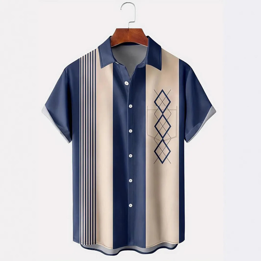 Men's plaid short-sleeved cardigan shirt in a contrast colour, loose fit, on a hanger.