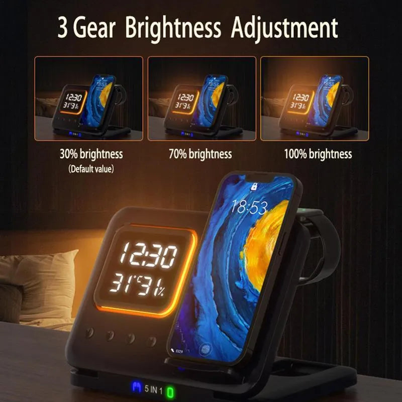 Black foldable wireless charging station displaying time and temperature, charging a phone and smartwatch.