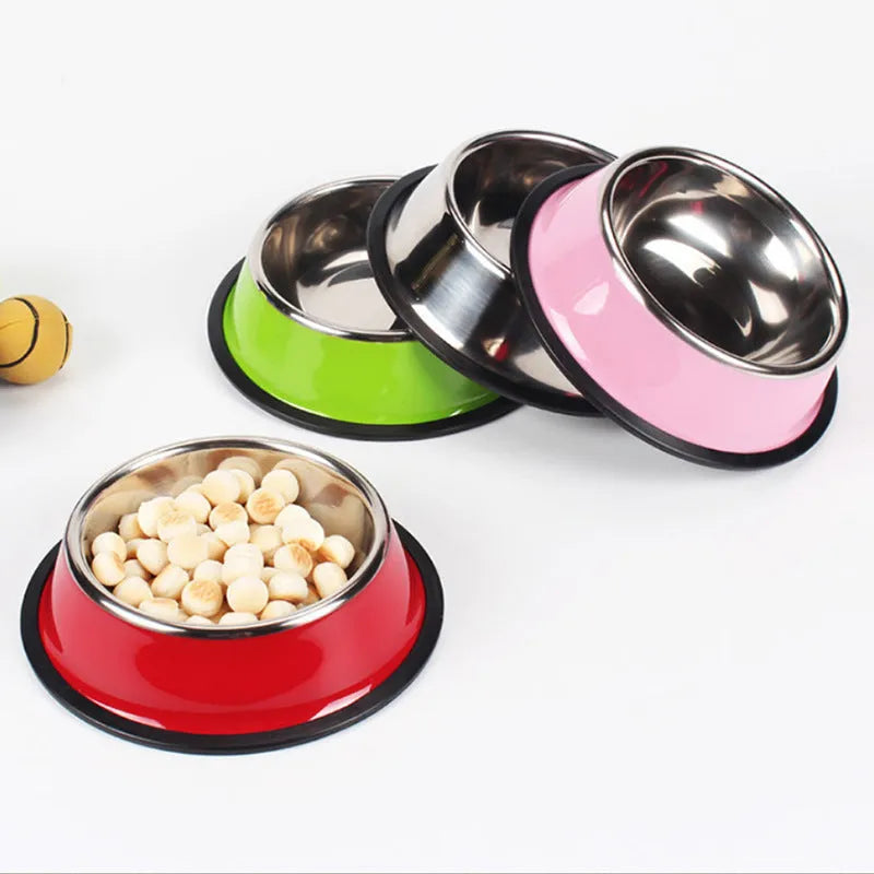 Stainless steel pet bowl with colourful melamine pot and non-slip rubber base
