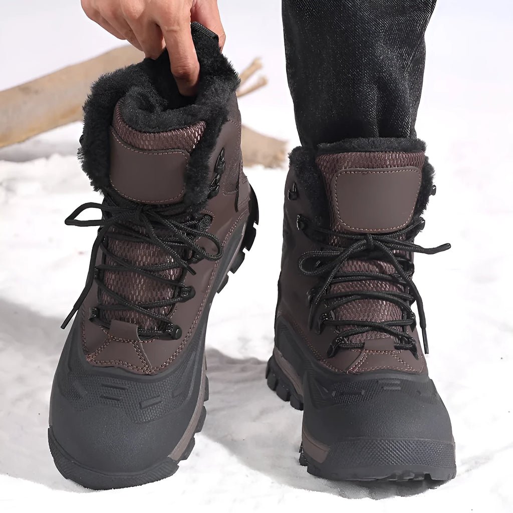 Men's black fleece-lined high-top winter boot with lace-up front and tall crown on a ribbed TPR sole.