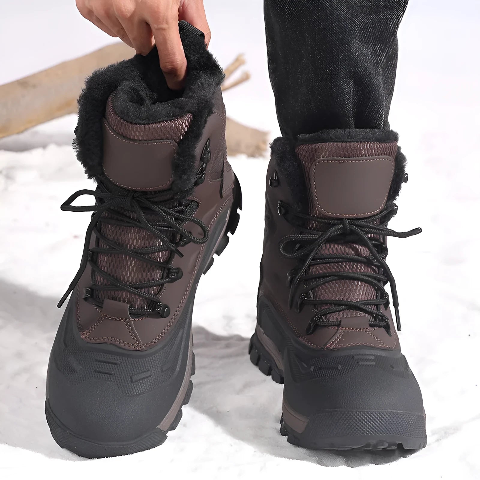 Men's black fleece-lined high-top winter boot with lace-up front and tall crown on a ribbed TPR sole.