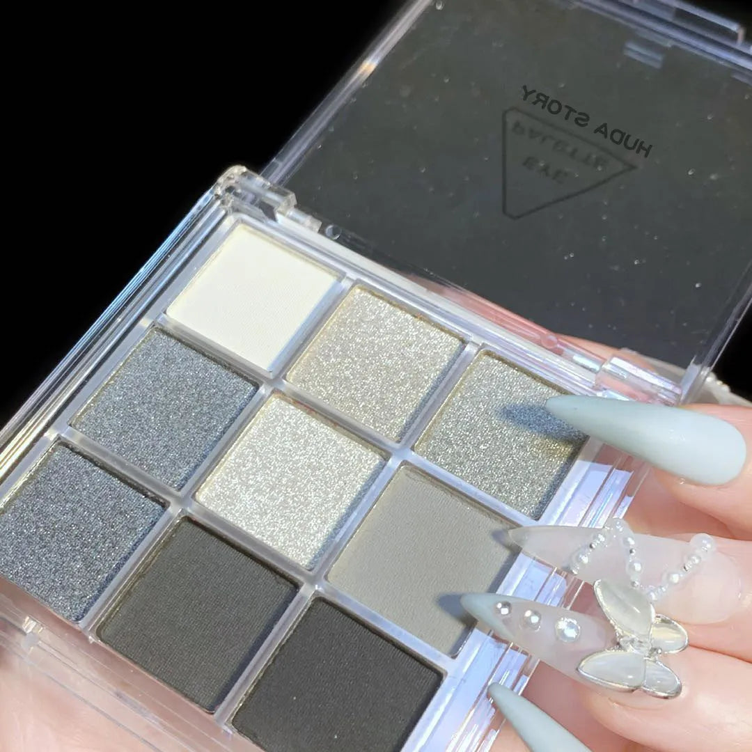 INS style nine-colour smoked eyeshadow palette showing white silver black and iron grey shades