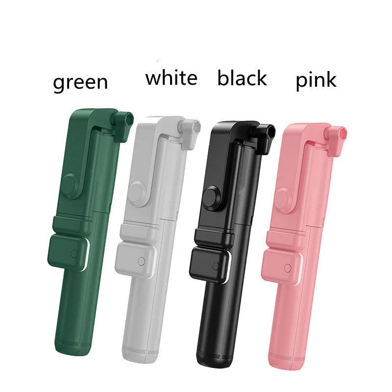 Black Bluetooth selfie stick with tripod base and phone holder, shown extended, for use with Apple iPhones.