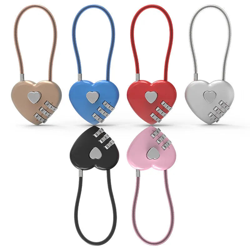 Peach heart design wire rope cable lock in red with steel rope, shown securing a bicycle helmet.