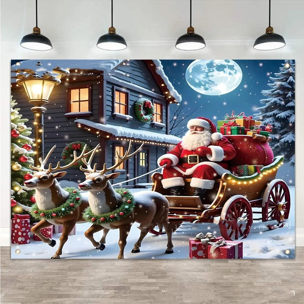 Red Christmas banner with Santa Claus and gift designs measuring 210cm wide by 150cm high