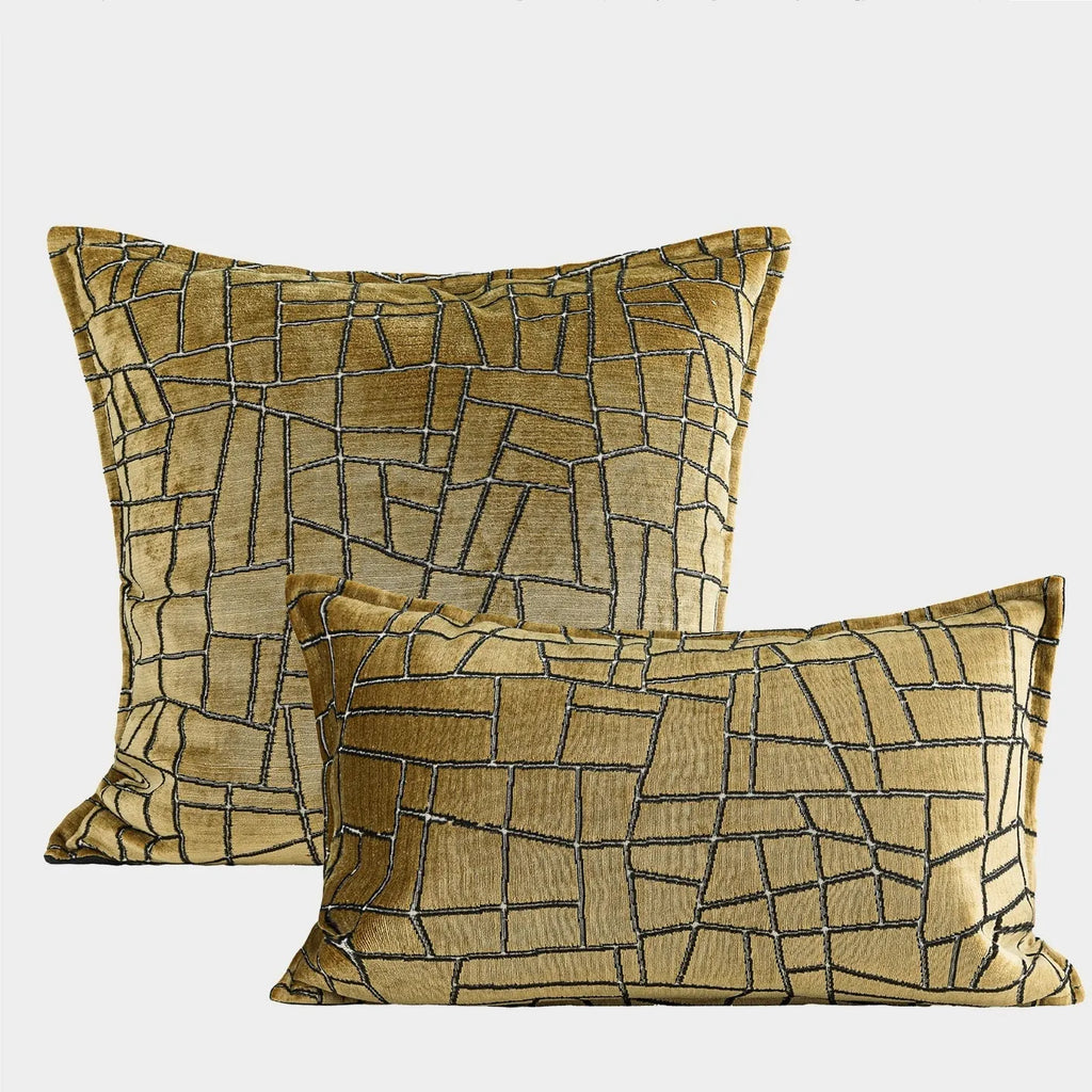 Geometric abstract cushion cover in local tyrant gold colour showing three size options