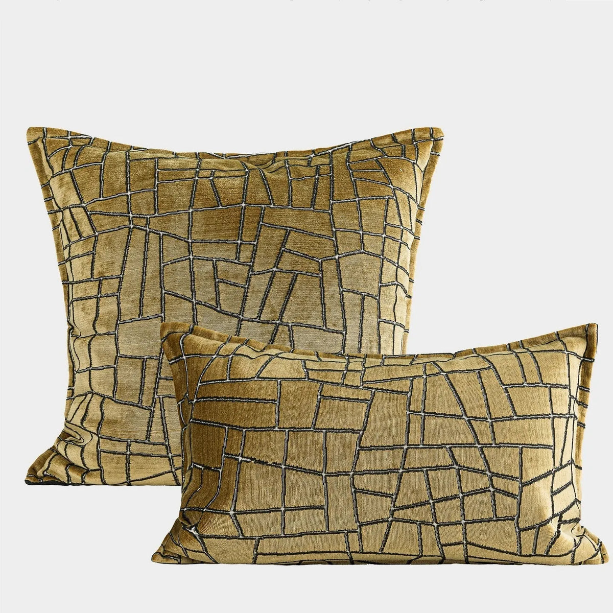 Geometric abstract cushion cover in local tyrant gold colour showing three size options
