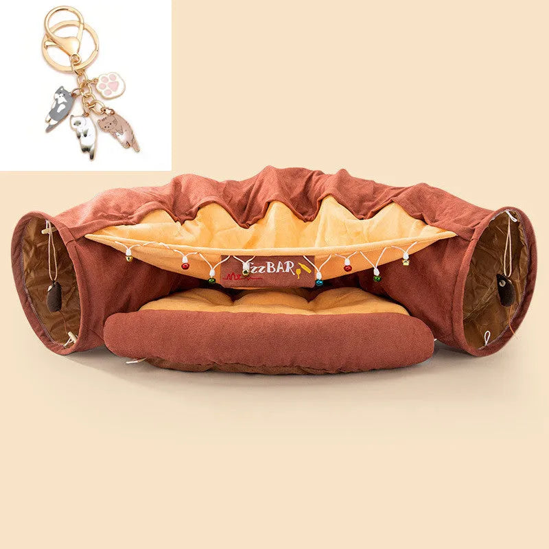 Collapsible cloth cat tunnel in choice of bar, coffee, matcha, or pink colours, shown folded and unfolded