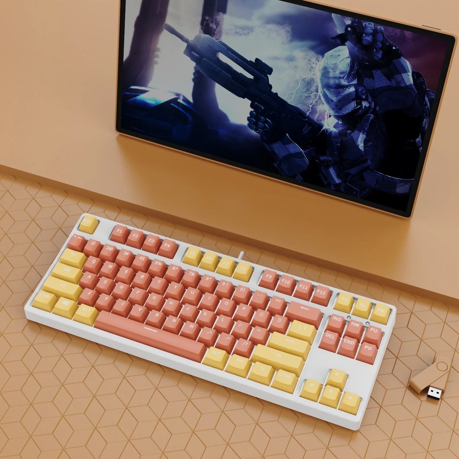 87-key wired mechanical gaming keyboard with multi-colour keycaps on a metal body.