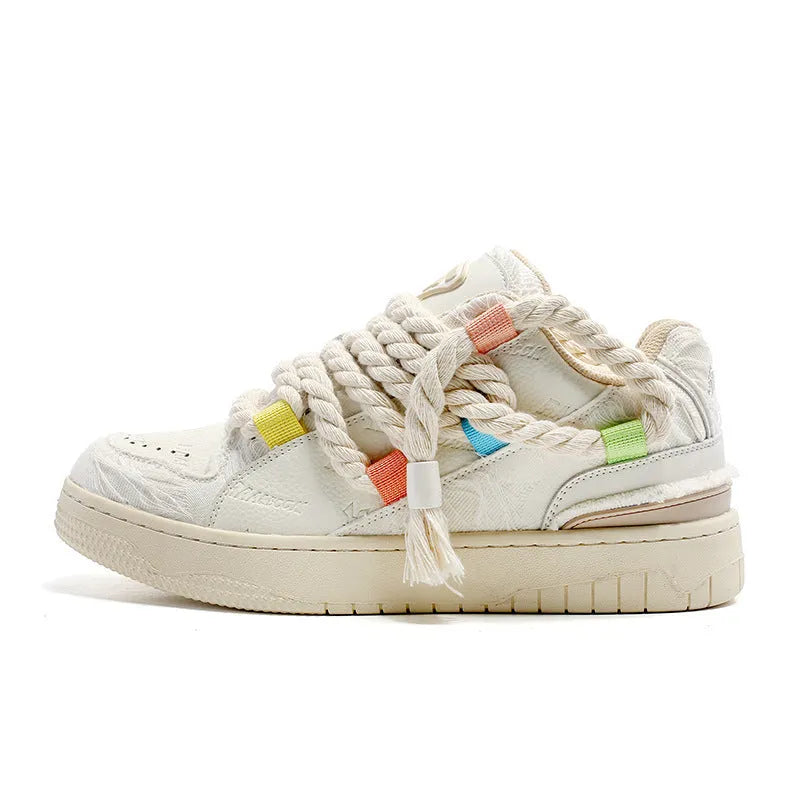 Creamy white retro skate shoes with old damage lace design and low-top construction