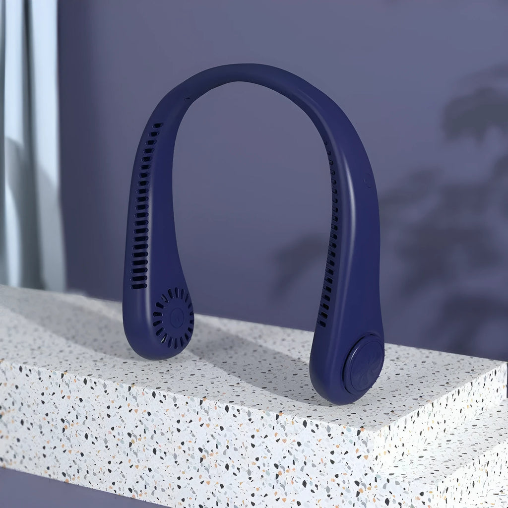 Blue USB rechargeable bladeless neck fan being worn, showing adjustable speed buttons and flexible neckband
