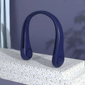 Blue USB rechargeable bladeless neck fan being worn, showing adjustable speed buttons and flexible neckband