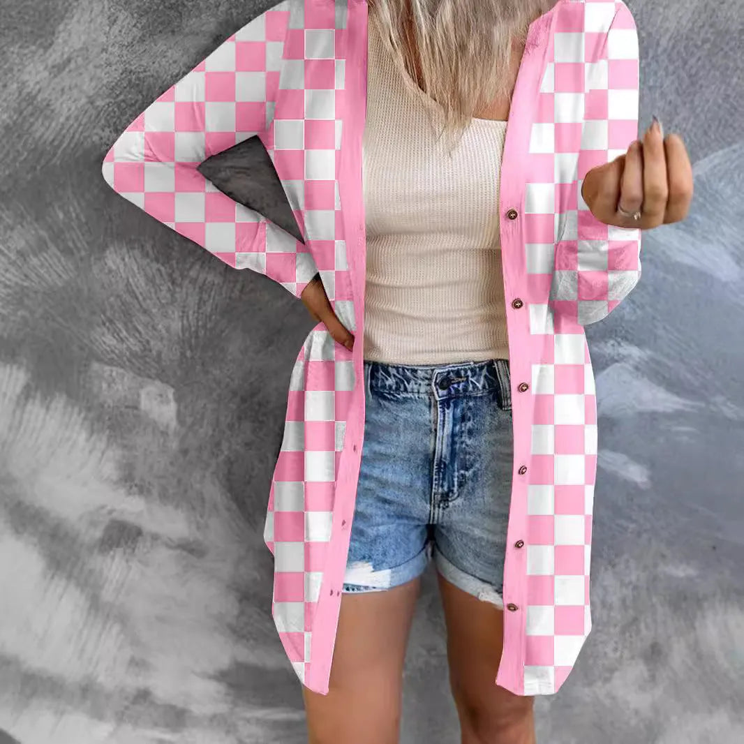 Women's long plaid coat loose knitted cardigan in street fashion style