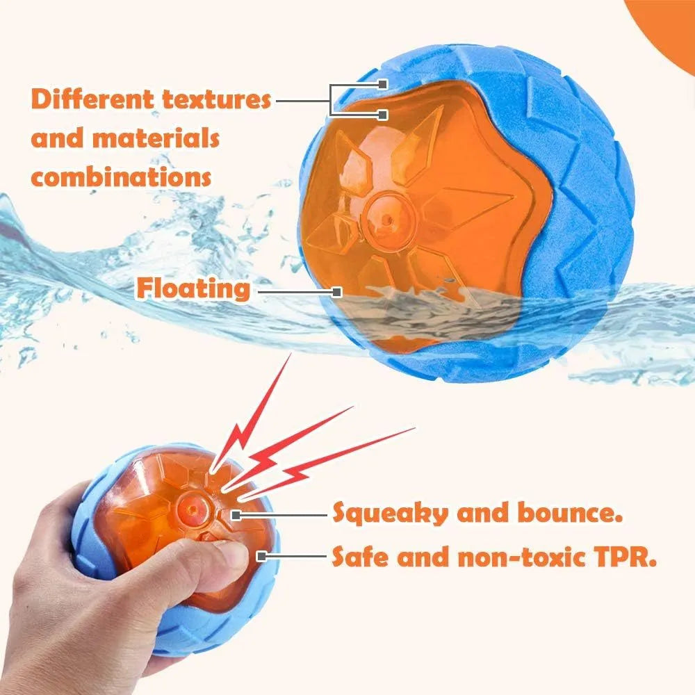 Three TPR floating dog toys: a ball, barbell, and tyre with bumpy textures for water fetch
