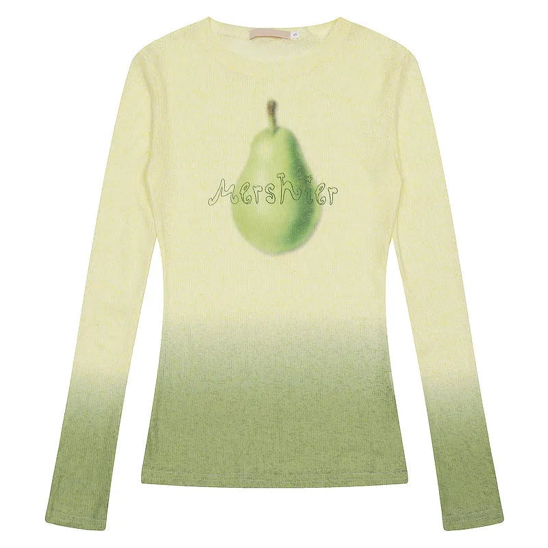 Women's gradient flower print long-sleeved t-shirt in light pink colour, thin polyester fabric
