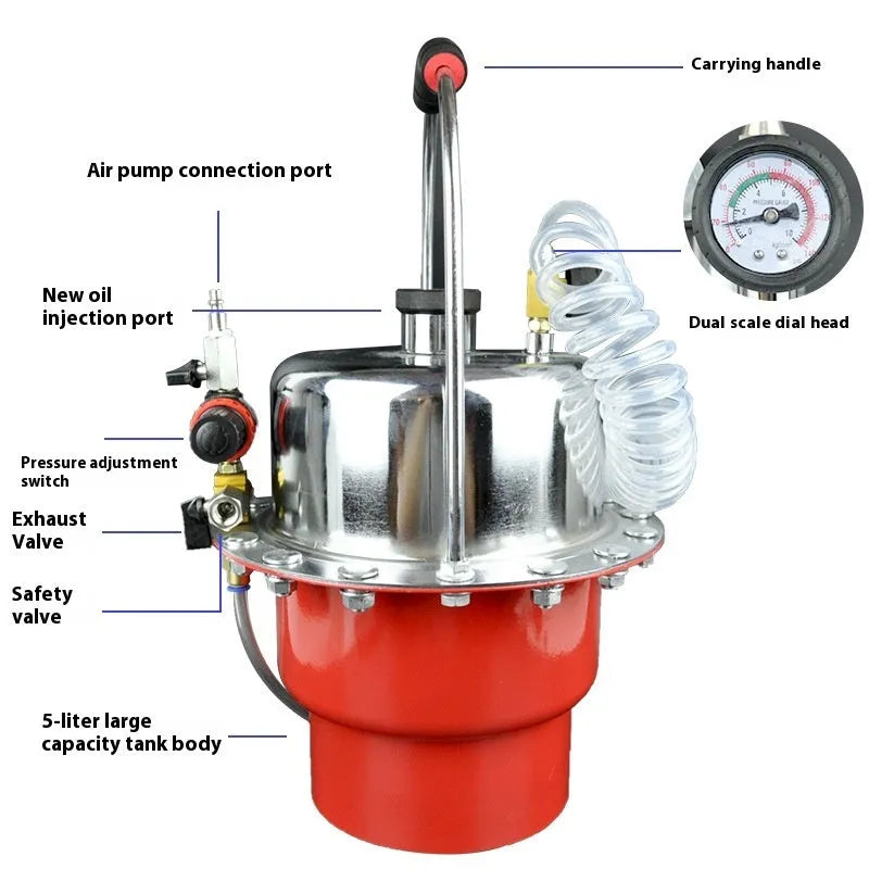 Pneumatic brake fluid replacement machine with 10 litre tank, pressure gauge and manual regulator