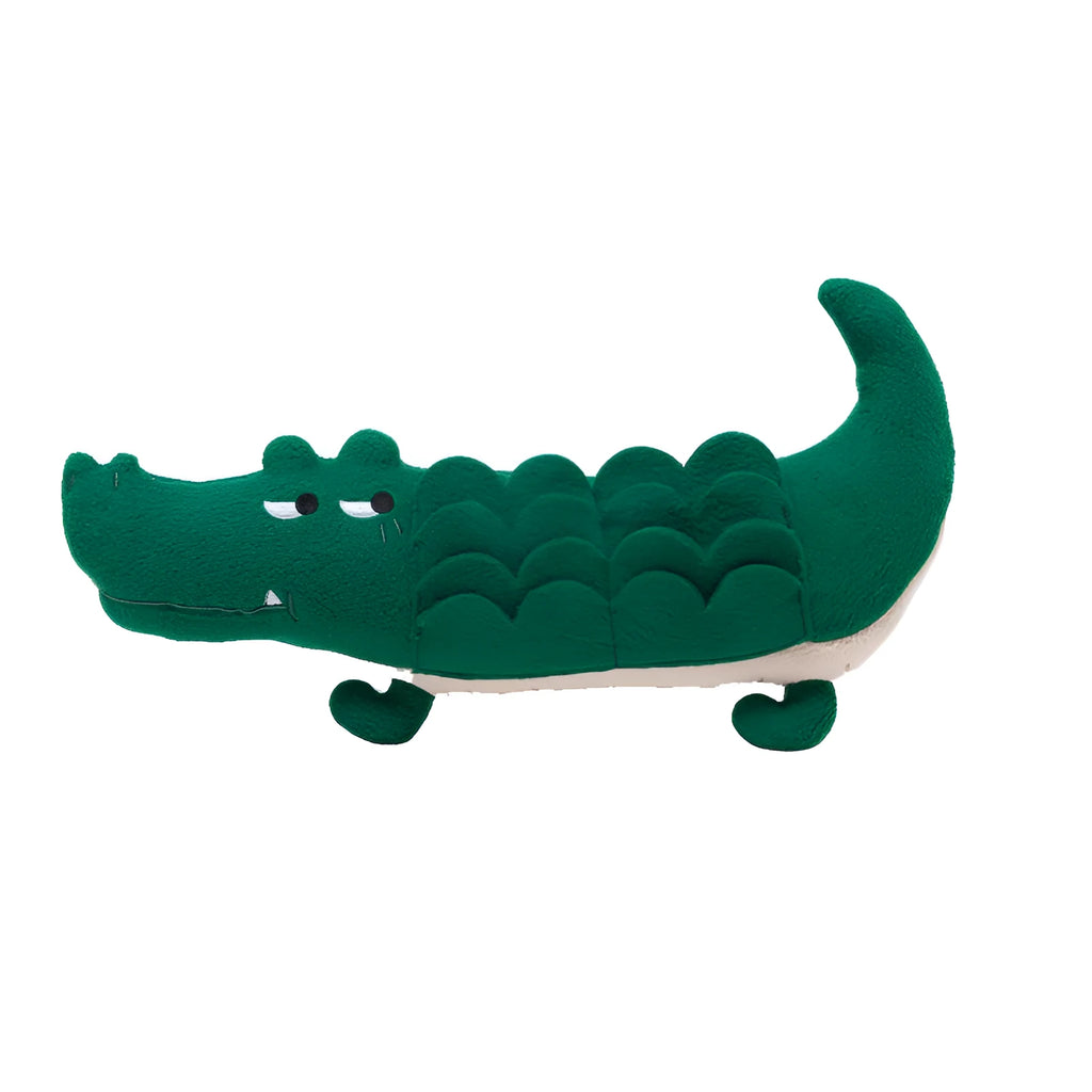 Green soft plush toy dog stuffed animal measuring 35cm long on a white background.