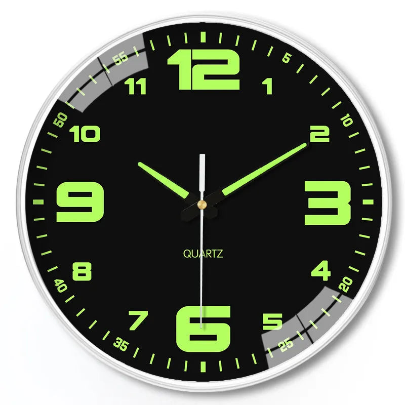 20cm diameter modern wall clock with luminous dial showing plastic construction and contemporary design