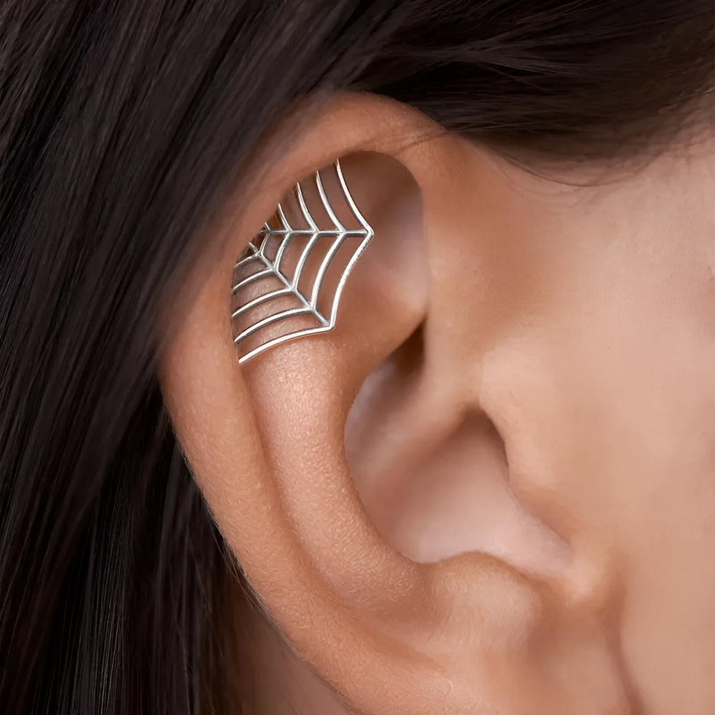 Spider web stud earrings with geometric mesh design in gold and silver electroplated finishes